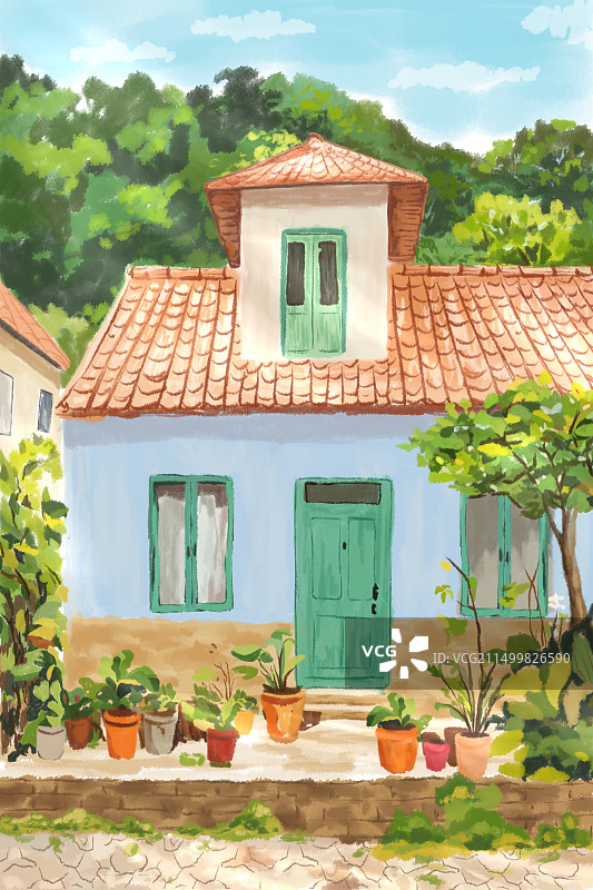 清新治愈房子花盆绿植小院村庄庭院水彩插画背景封面内页杂志小说图片素材