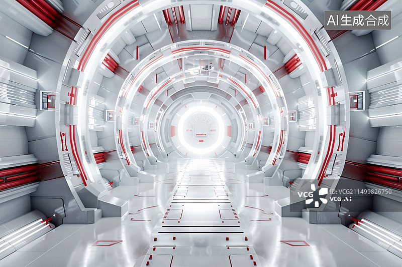 【AI数字艺术】3D渲染科幻空间站宇宙飞船走廊概念插图图片素材