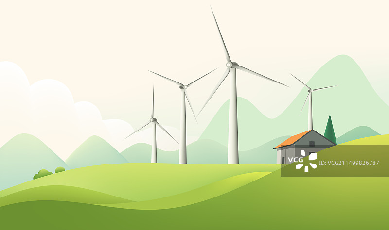 绿色山脊上的绿色能源电力风车图片素材