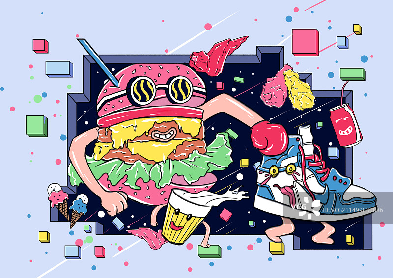 吃和运动的潮流插画，健身减肥插画，汉堡潮流风格传话图片素材