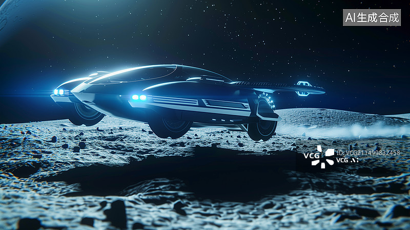 【AI数字艺术】科幻未来飞行汽车穿梭在月球沙漠戈壁3D插画图片素材