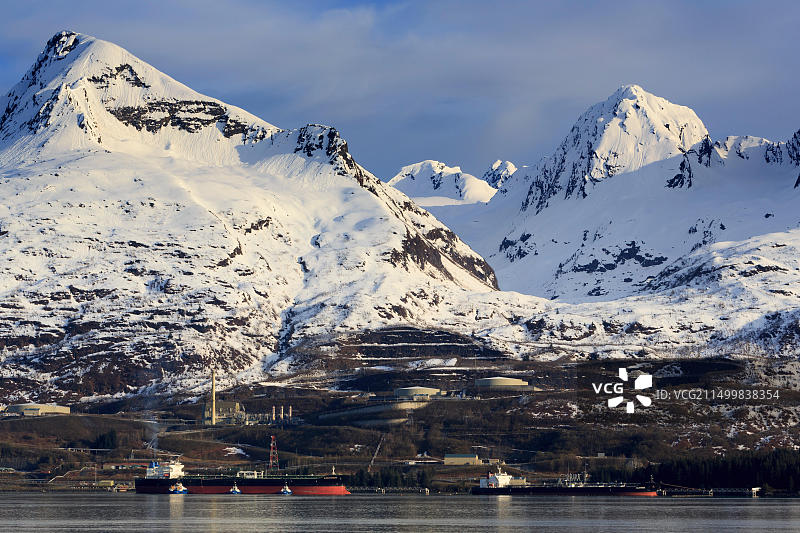 瓦尔迪兹石油码头，威廉王子湾，阿拉斯加，美国，北美洲图片素材