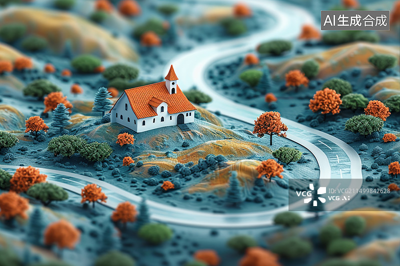 【AI数字艺术】小教堂坐落在秋季山丘上3D微缩图片素材