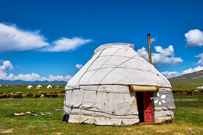 吉尔吉斯斯坦纳伦州宋科尔湖吉尔吉斯游牧民族的蒙古包营地图片素材