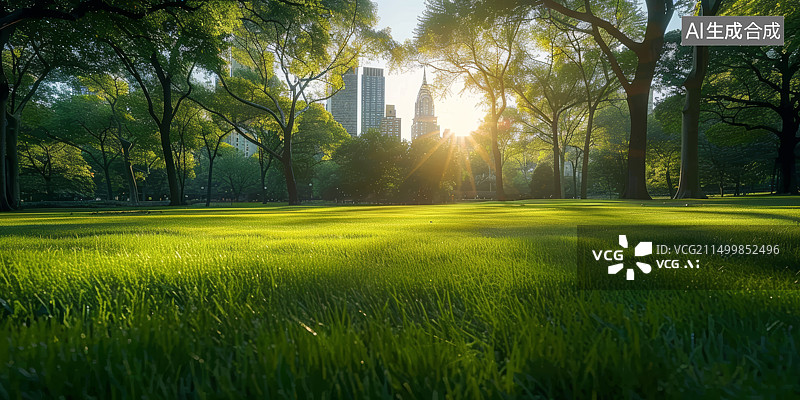 【AI数字艺术】阳光下的城市公园绿色草地背景图片素材