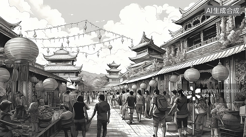 【AI数字艺术】素描市场生活图片素材