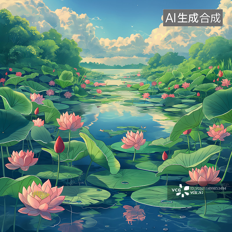 【AI数字艺术】插画风格，荷塘，月色，夏天，荷花，莲叶，莲花图片素材