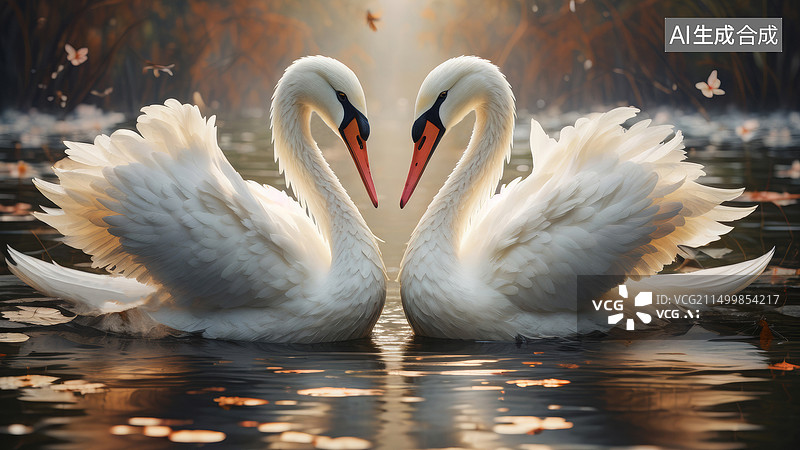 【AI数字艺术】秋天水中的一对白天鹅图片素材