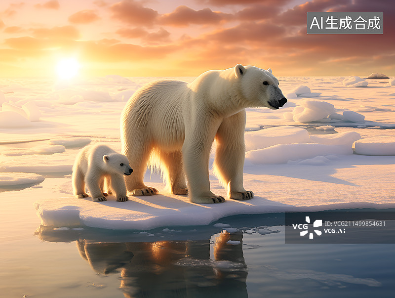 【AI数字艺术】北极熊母子站在冰块上图片素材