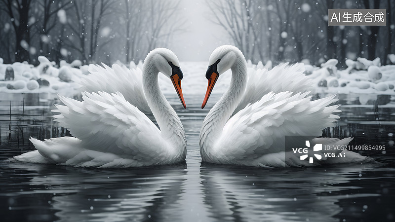 【AI数字艺术】冬天水中的一对白天鹅图片素材