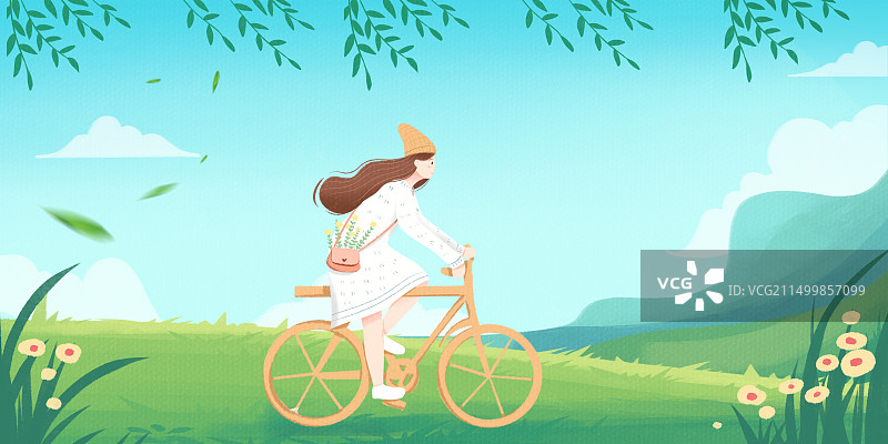 春天夏天小暑大暑夏至一个女孩在户外骑自行车插画图片素材