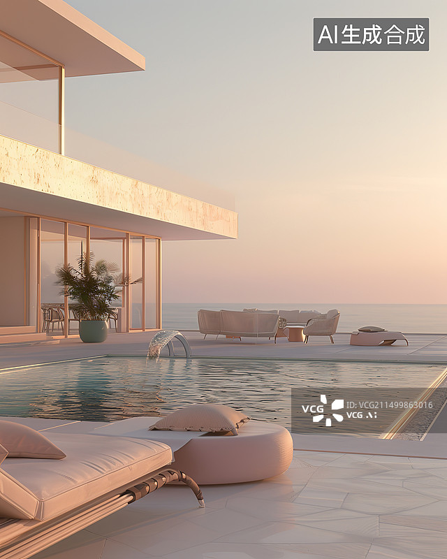 【AI数字艺术】豪华酒店游泳池的高角度透视图图片素材