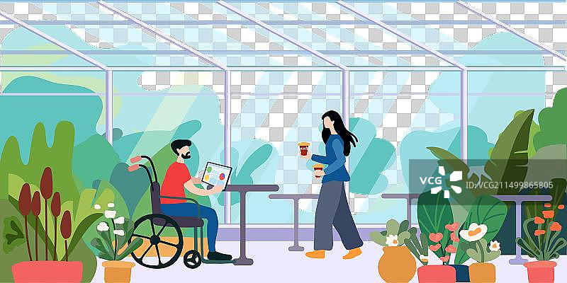 女孩给坐轮椅的男人送咖啡图片素材