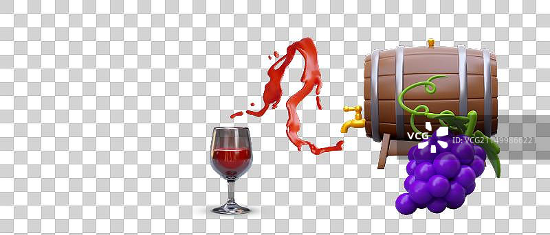 3D葡萄桶与玻璃杯图片素材