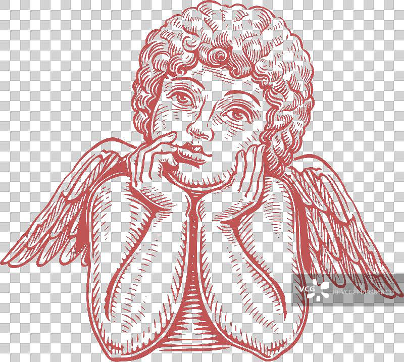 沉思的可爱天使儿童，带翅膀的可爱宝宝图片素材