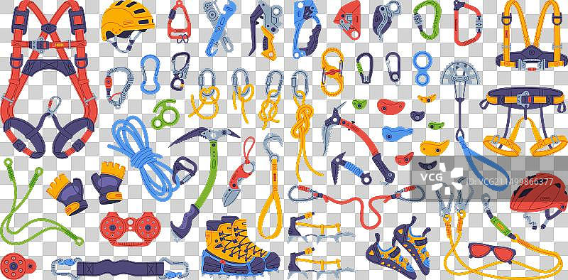 带有绳索、冰镐和安全装置的攀岩设备图片素材