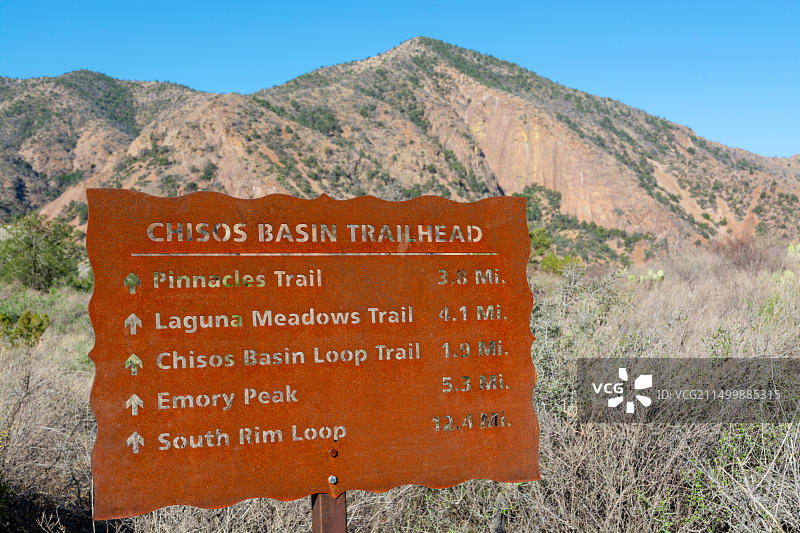 德克萨斯州大本德国家公园奇索斯盆地小径标志图片素材