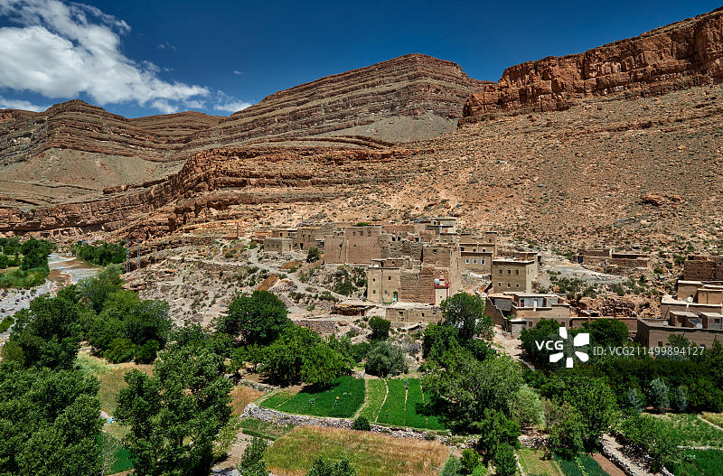 摩洛哥陶里尔特P7103公路沿途峡谷风光和村庄图片素材