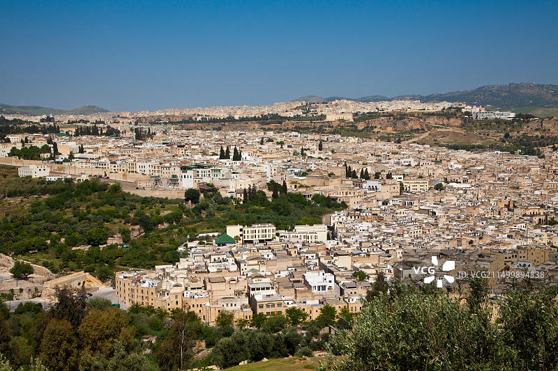 从高处俯瞰摩洛哥非斯古城，联合国教科文组织遗产图片素材