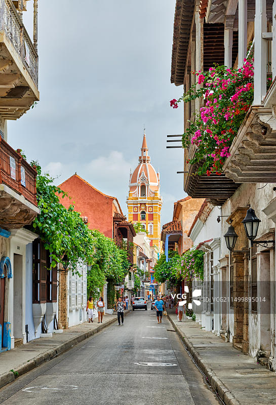 卡塔赫纳圣卡塔利娜·德·亚历山大大教堂及房屋阳台图片素材
