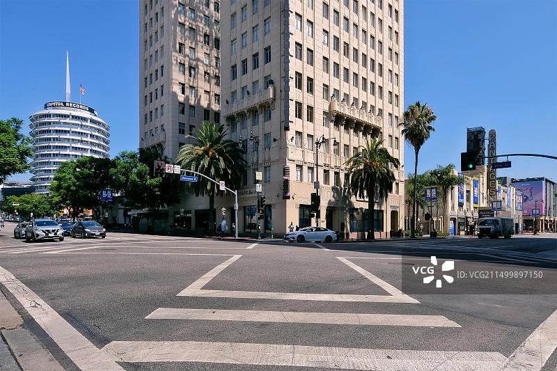 好莱坞与藤街交汇处的国会唱片总部大楼，洛杉矶图片素材