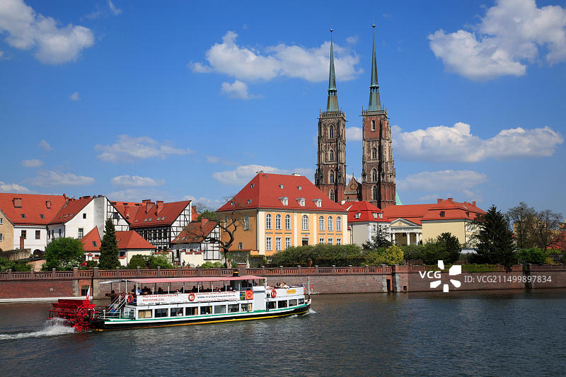 从长廊 across 奥得河到大教堂岛，弗罗茨瓦夫，西里西亚，波兰，欧洲图片素材