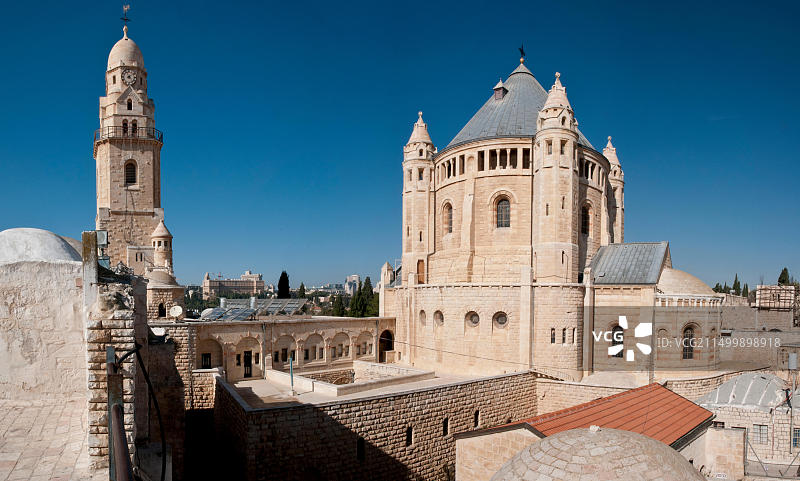 以色列耶路撒冷锡安山圣母安眠教堂的高角度景观图片素材