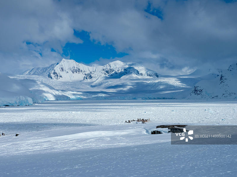 从普莱诺岛望向南极洲勒梅尔海峡的壮丽景色，还有巴布亚企鹅图片素材
