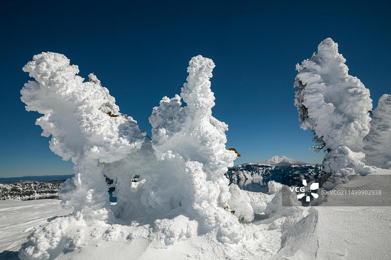 俄勒冈州火山口湖国家公园：雪覆盖的树木，守望者峰下的边缘路，远处是斯科特山图片素材