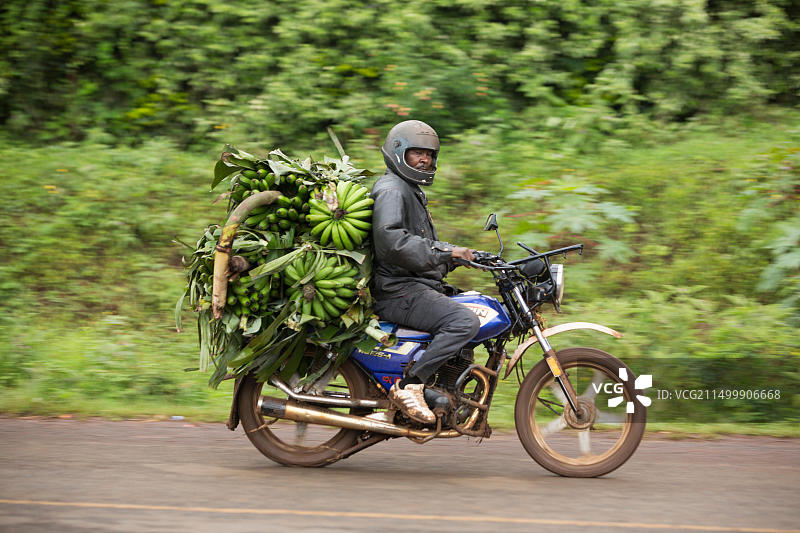 一辆满载香蕉的摩托车在肯尼亚基里尼亚加县行驶图片素材