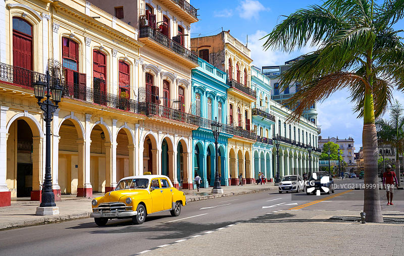 古巴哈瓦那街头的黄色美式汽车图片素材