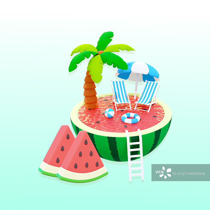 3D立体西瓜游泳池夏天度假微景观夏天插画图片素材