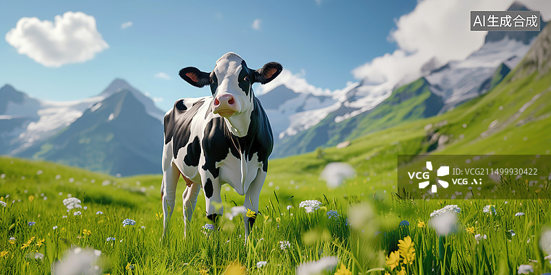 【AI数字艺术】高山牧场草原里的一只奶牛——牛奶广告图片素材