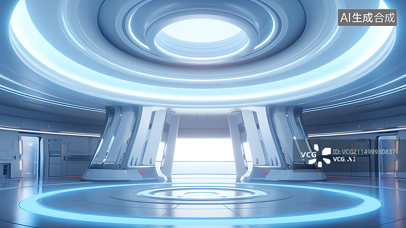【AI数字艺术】蓝色科幻空间太空仓内部图片素材