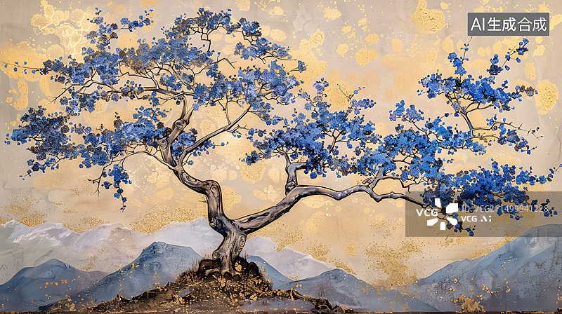 【AI数字艺术】蓝色繁花下的永恒之树图片素材