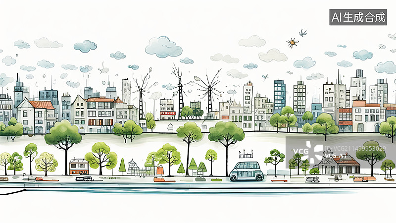 【AI数字艺术】绿色城市环境儿童画风格插画图片素材