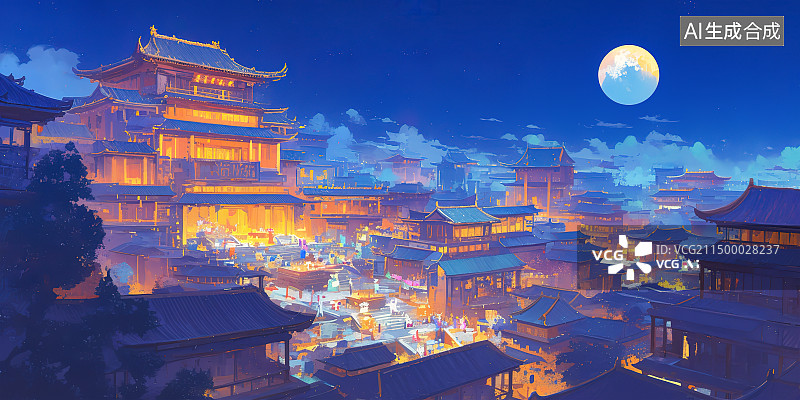 【AI数字艺术】夜晚的古建筑，明月当空，空中楼阁，大唐不夜城插画图片素材