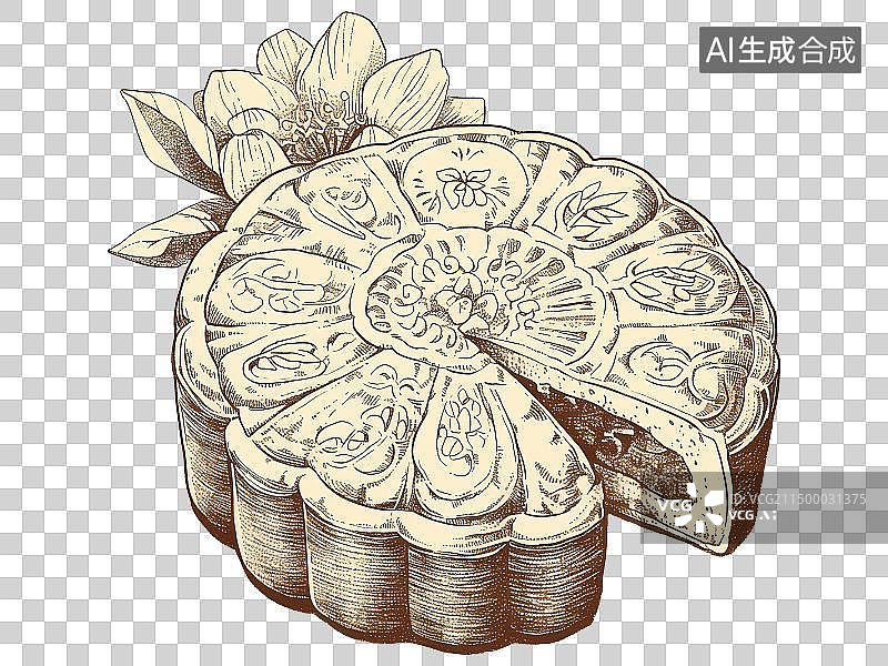 【AI数字艺术】一个切开的月饼和花，中秋节传统美食，木刻版画复古风格插画图片素材