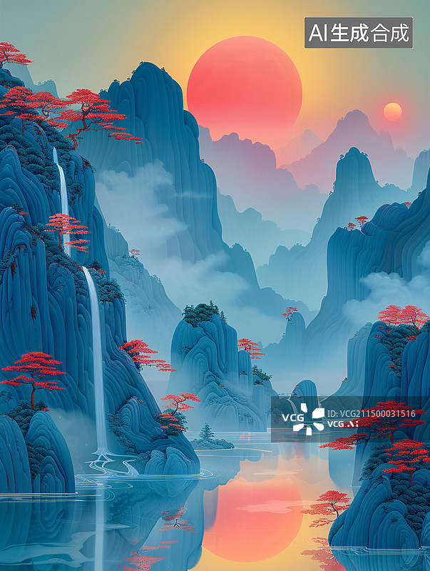 【AI数字艺术】中国风蓝色水墨山水画渐变水彩画背景图片素材