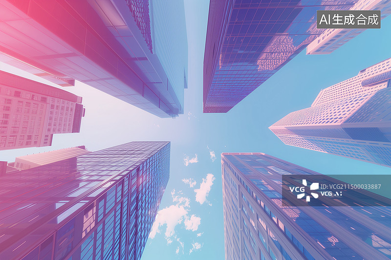 【AI数字艺术】白天仰视彩色城市建筑摩天大楼3D立体插画图片素材