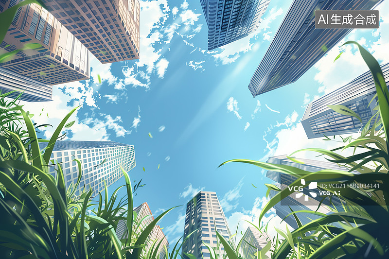【AI数字艺术】白天仰视绿色植物掩映的城市建筑摩天大楼涂鸦绘画图片素材