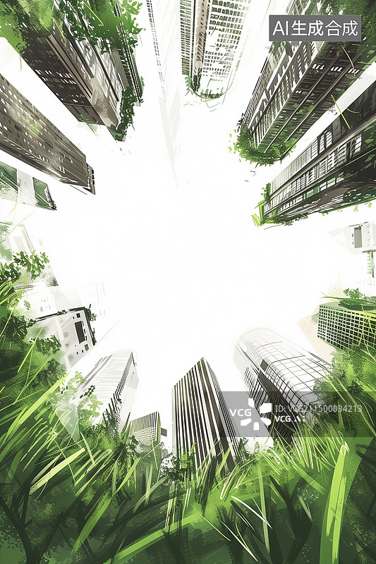 【AI数字艺术】白天仰视绿色植物掩映的城市建筑摩天大楼涂鸦绘画图片素材