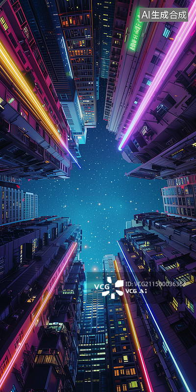 【AI数字艺术】夜晚仰视霓虹色现代城市彩色摩天大楼3D插画图片素材