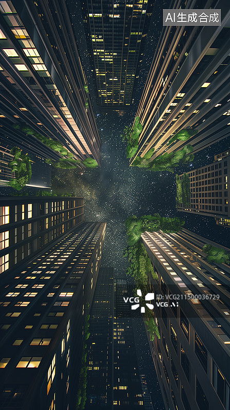 【AI数字艺术】夜晚仰视有绿色植物的现代城市楼群涂鸦绘画图片素材