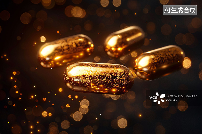 【AI数字艺术】金色胶囊药物维生素D鱼油医疗健康概念插图图片素材