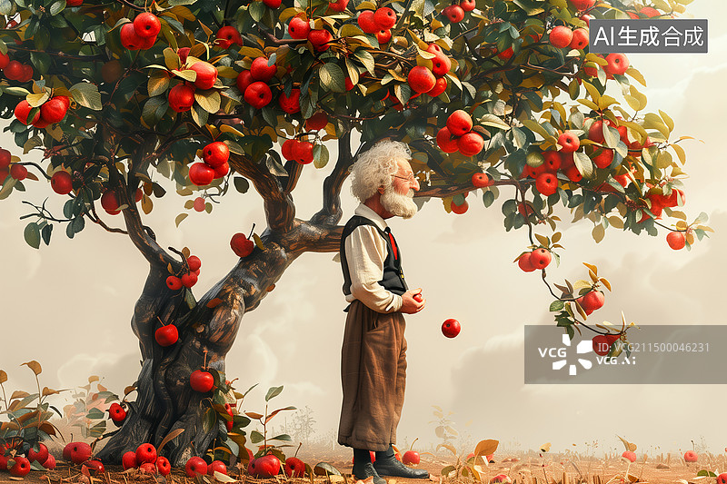 【AI数字艺术】一个手里拿着苹果的科学家站在苹果树下图片素材