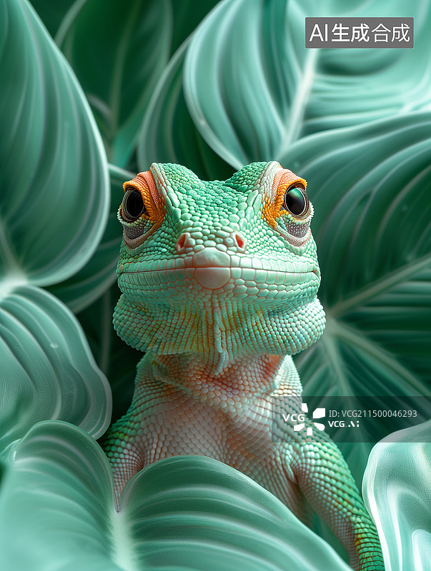 【AI数字艺术】树叶上的蜥蜴特写镜头图片素材
