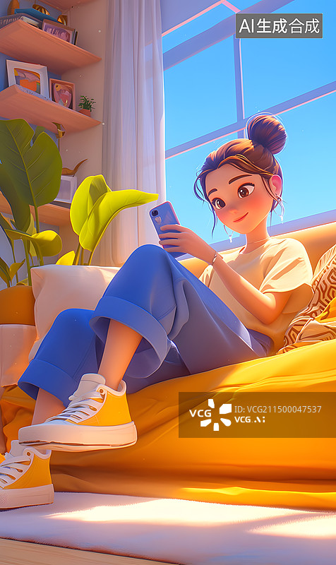 【AI数字艺术】年轻女子坐在家里的沙发上用手机3D海报场景图图片素材