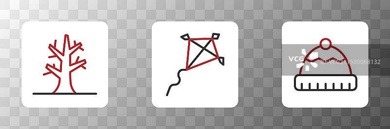 设置线冬季帽子光秃秃的树和风筝图标图片素材