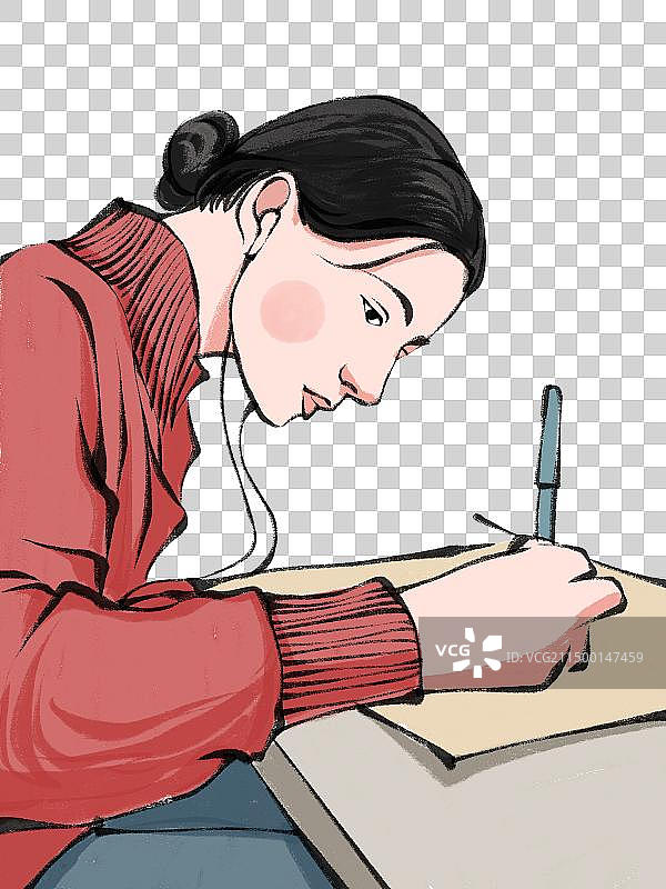 戴着耳机写字学习的女孩手绘插画元素图片素材